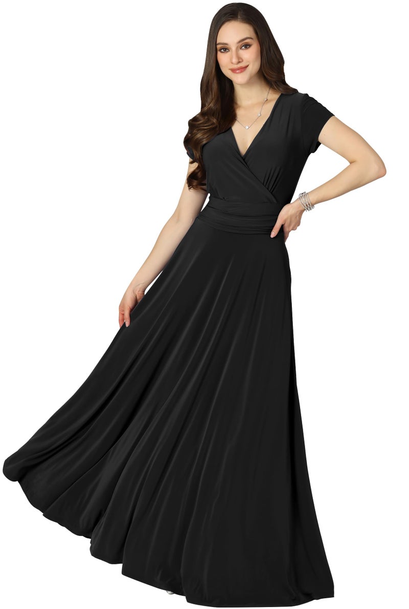 KOH KOH Plus Size Womenâ€™s Long Cap Short Sleeve Flowy Cocktail Semi Formal Prom Gala Black Tie Bridesmaid Wedding Guest Work Dressy Tall Gown Gowns Maxi Dress Dresses, Black XL 14-16 - Image 1